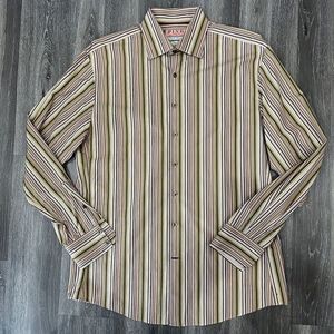 Thomas Pink Green Striped Button Down Dress Shirt Size 16.5